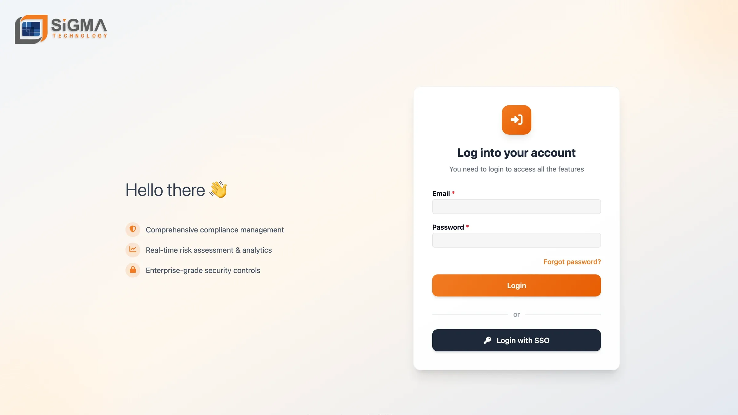The CyberGuard login page with email, password and SSO options